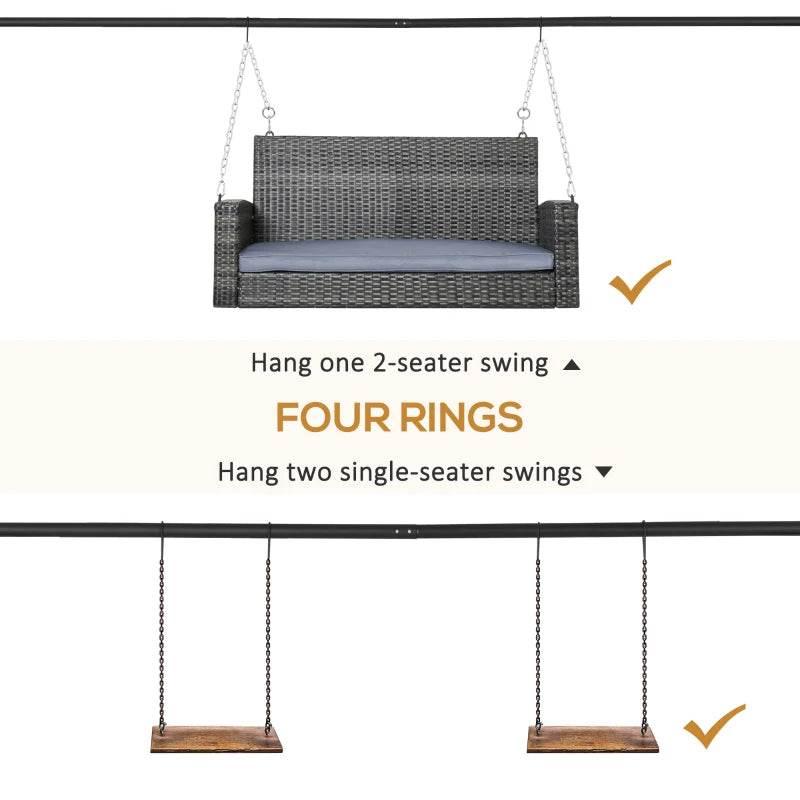 Black swing frame with chain rings for multiple seating positions; bench suspension shown