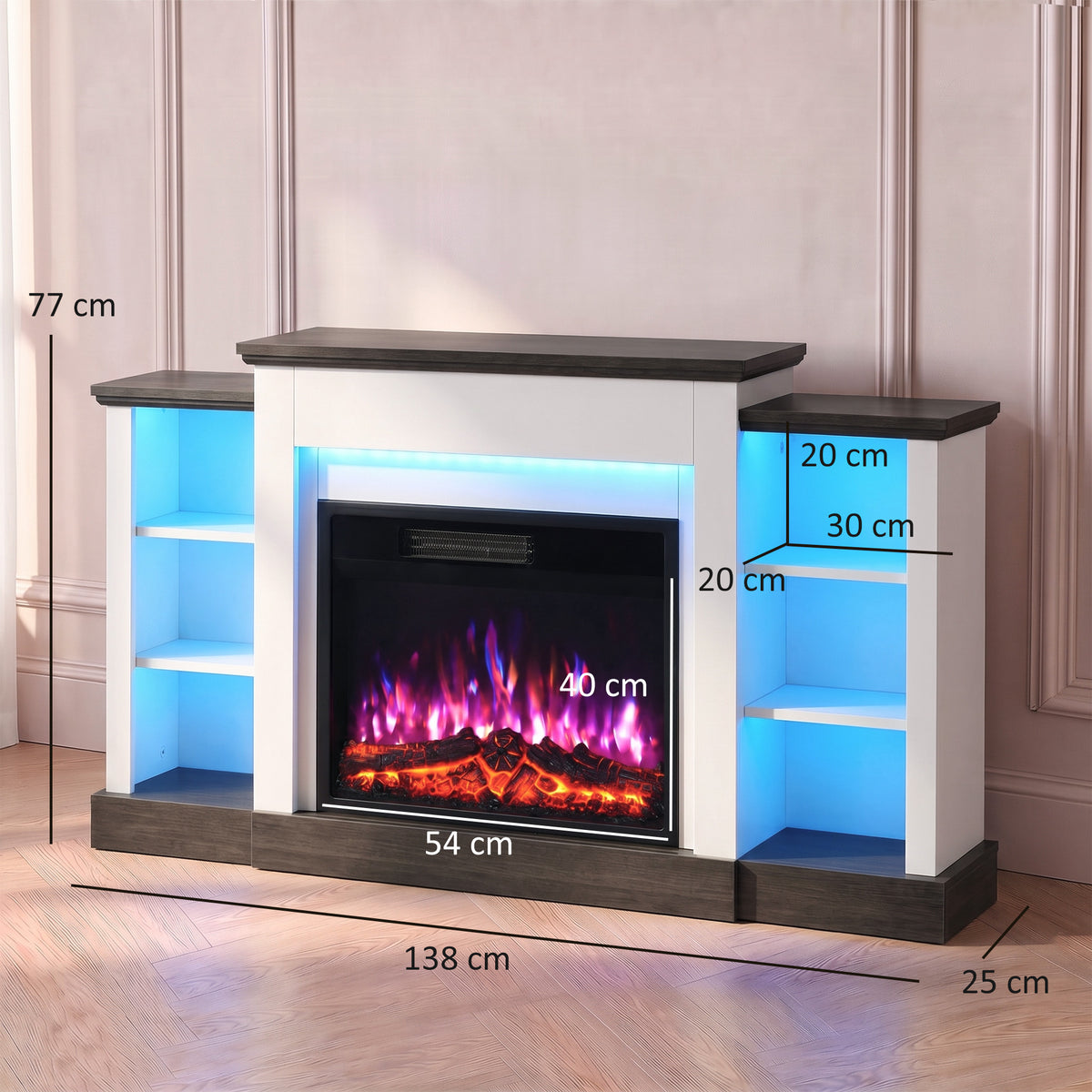 Electric fireplace TV stand with RGB LED shelves, front firebox, size dimensions shown