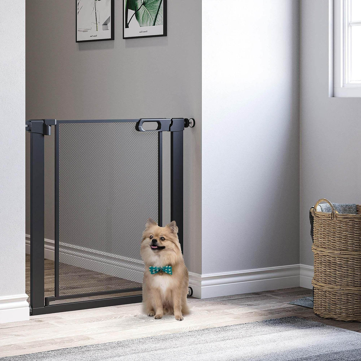 Black auto-close pet gate with mesh panel and latch, freestanding doorway barrier