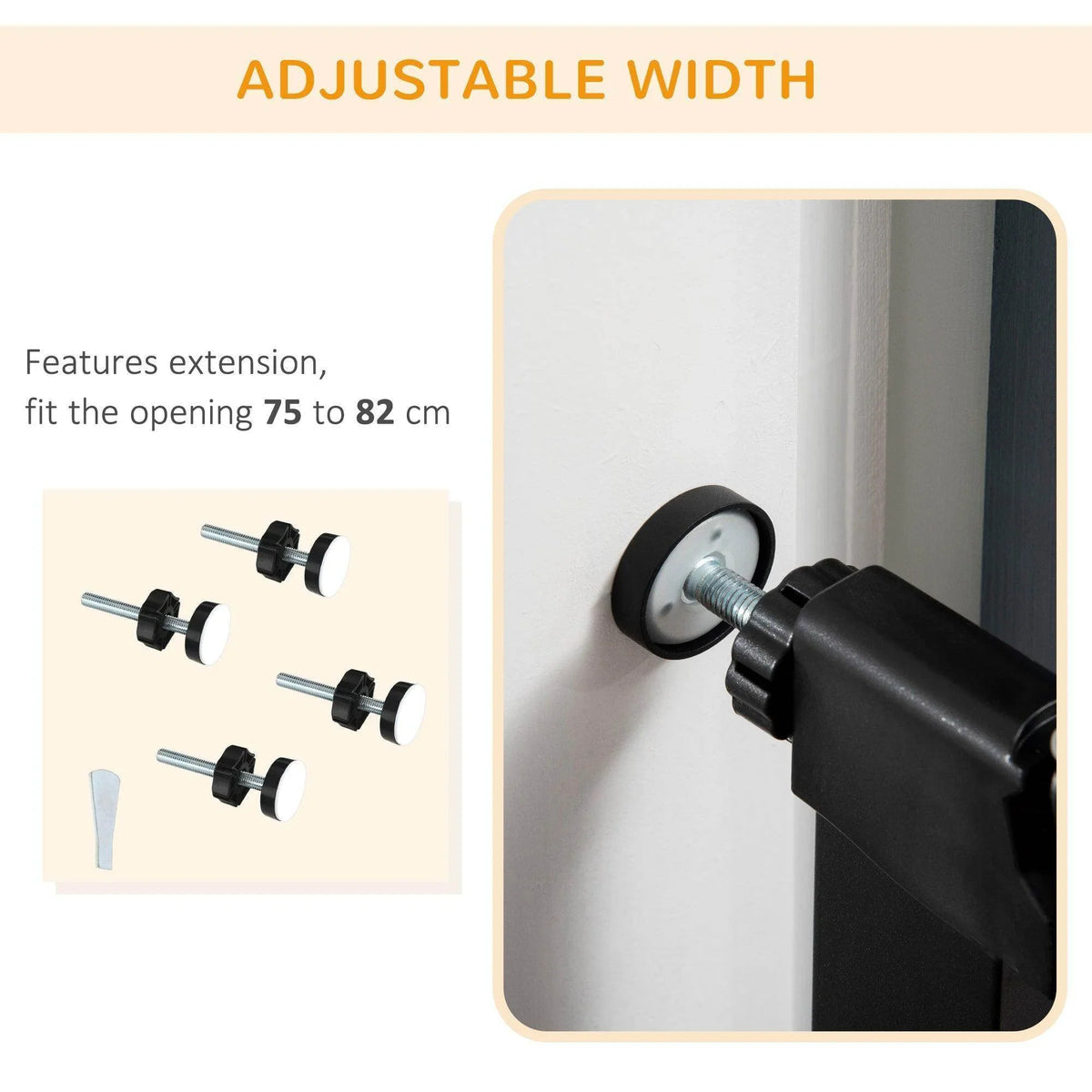 Adjustable-width black pet gate with extension hardware and wall mounting knob
