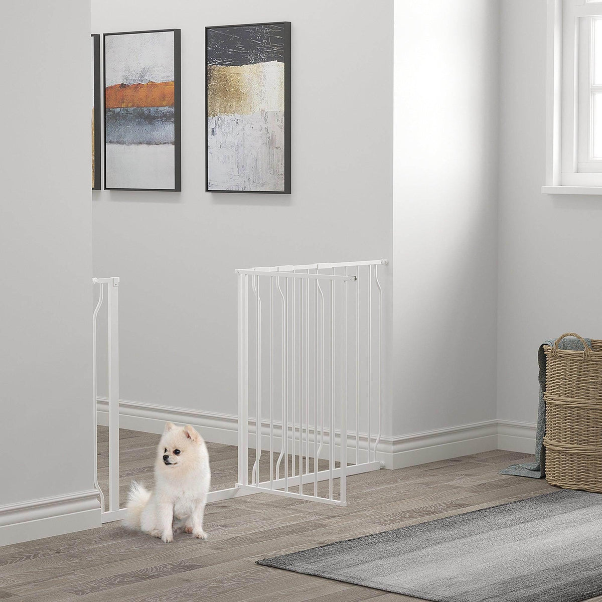 Extra-wide white dog safety gate with vertical bars for stairways, hinged frame