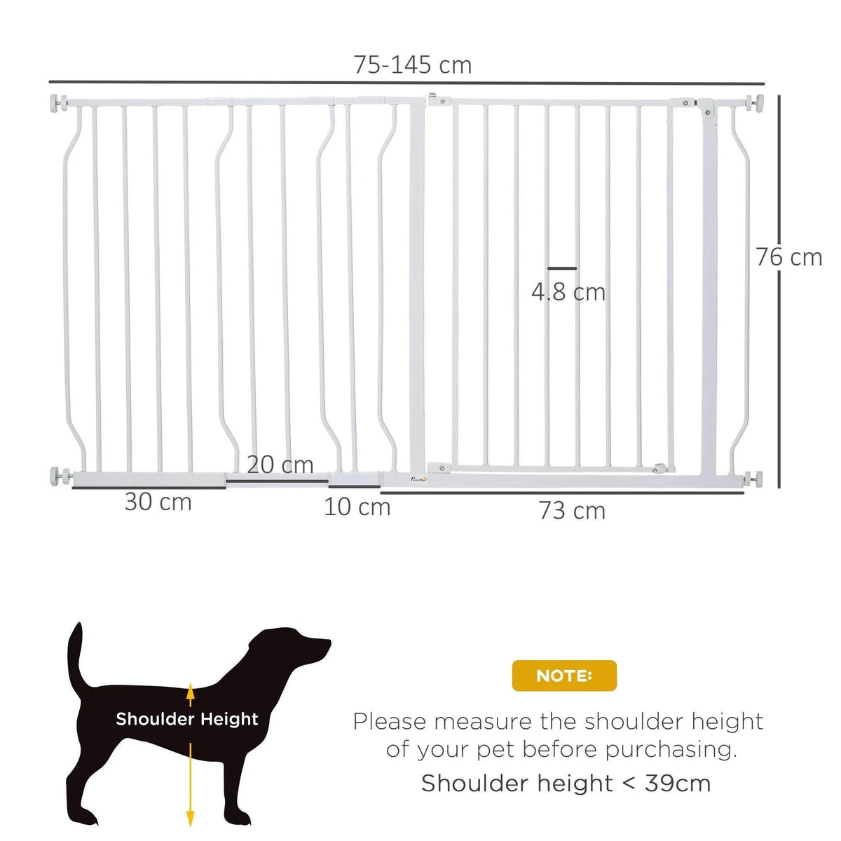 Adjustable extra-wide white dog gate shown with width and height measurements