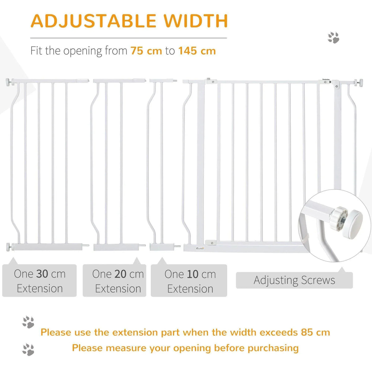 White adjustable dog gate with extension widths and adjusting screws