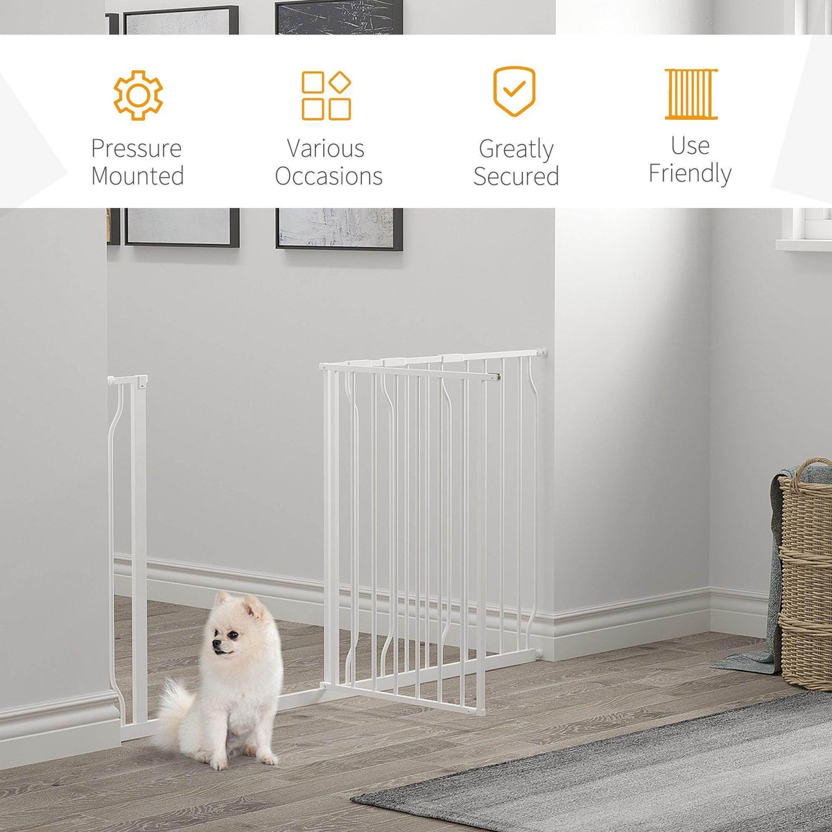 White dog safety gate installed on wall near staircase, with small white dog sitting