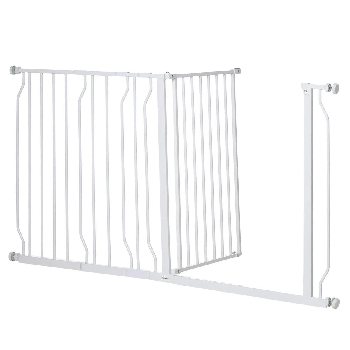 Extra-wide white dog gate panel with side brackets and floor supports