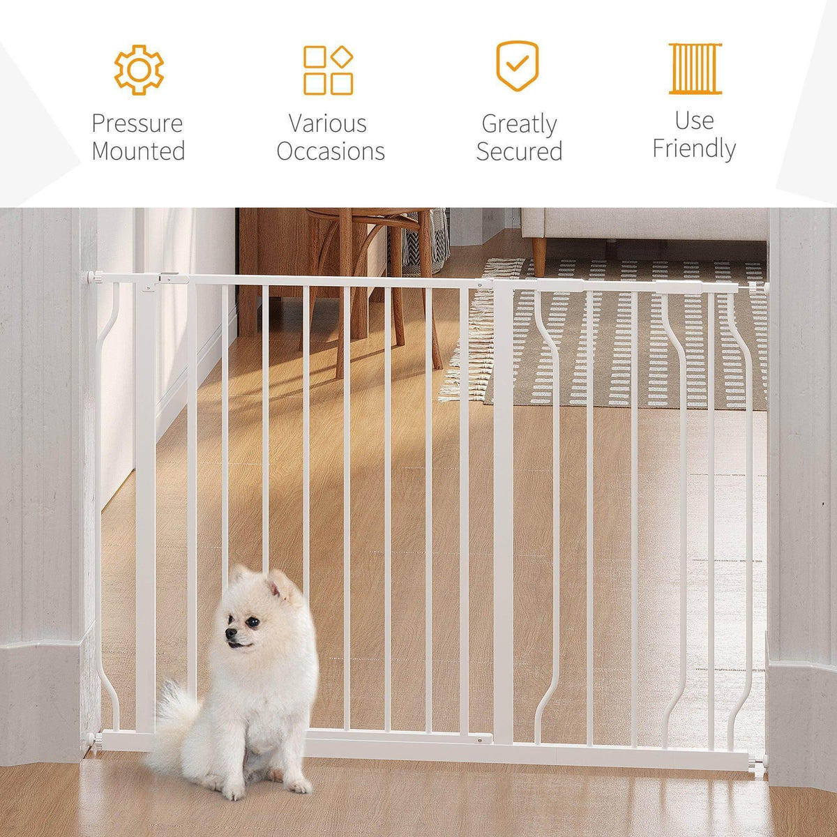 White pet safety gate with vertical bars and puppy behind
