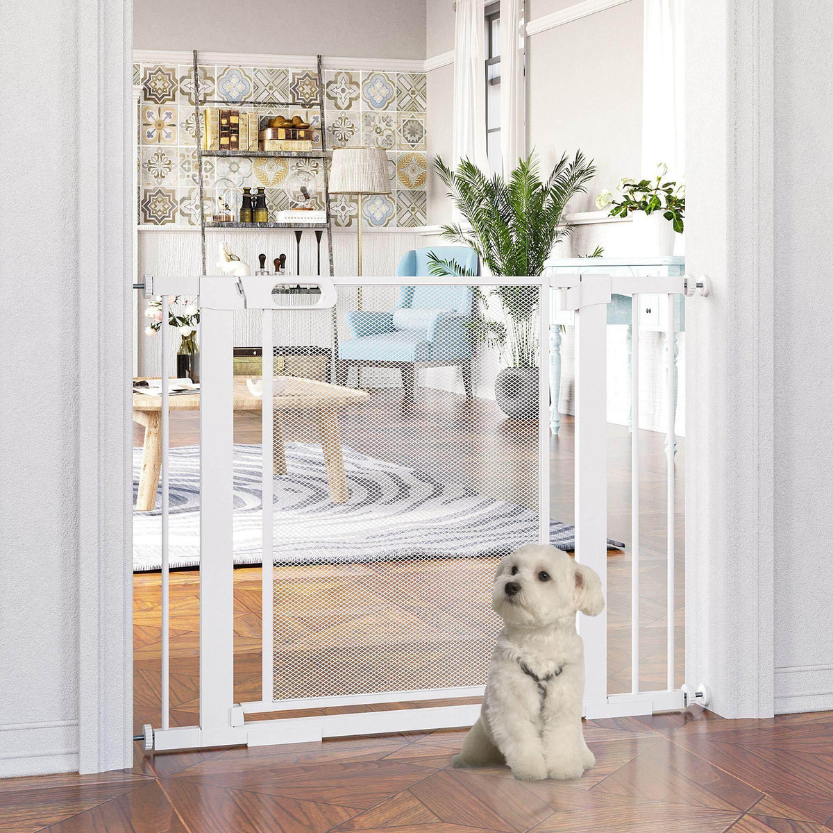 White pet dog gate with mesh panel and doorway frame for stairs and doorways