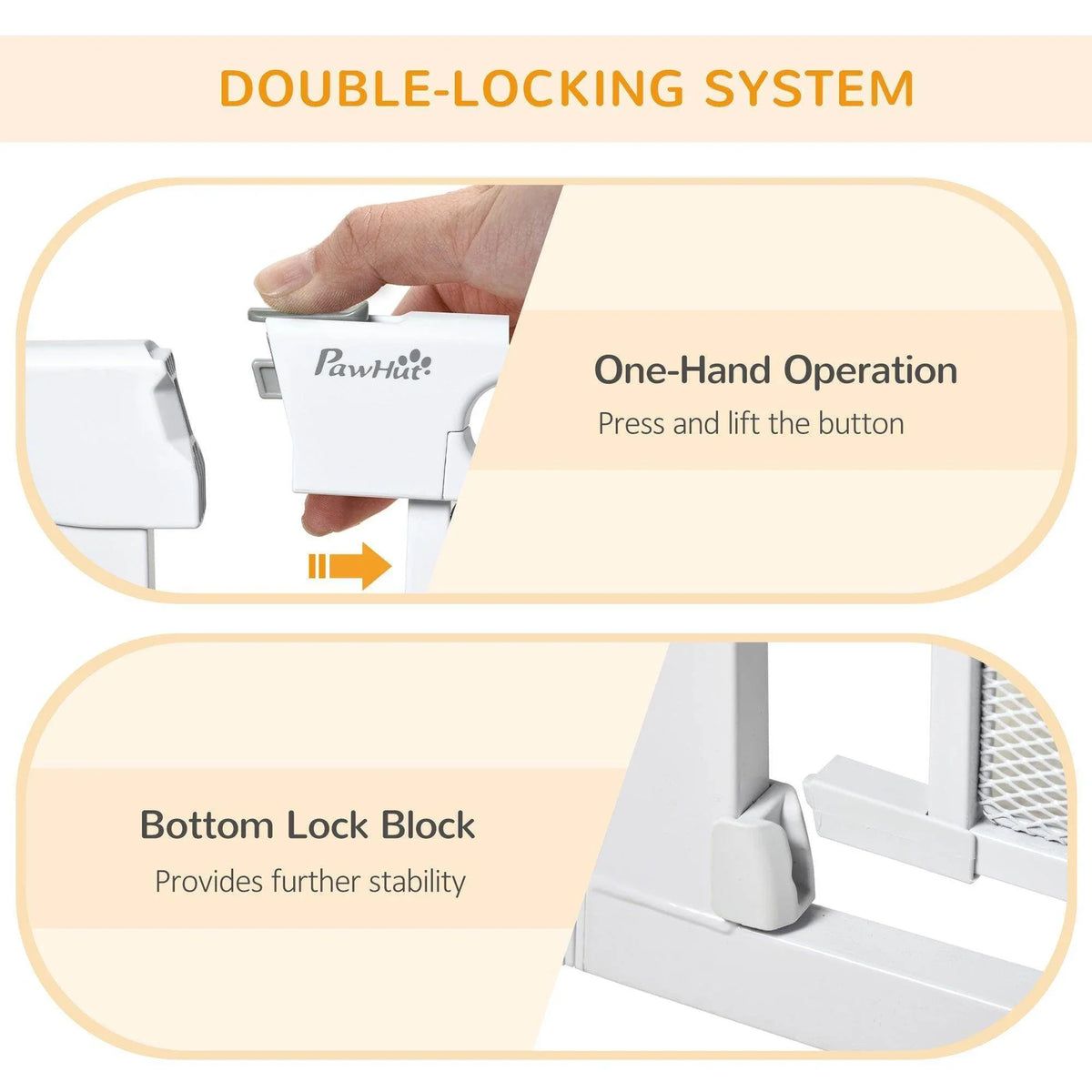 Dog gate with one-hand latch button and bottom lock block for added stability