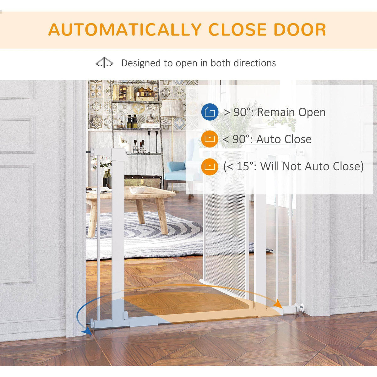 Self-closing dog gate designed to open both directions and close automatically