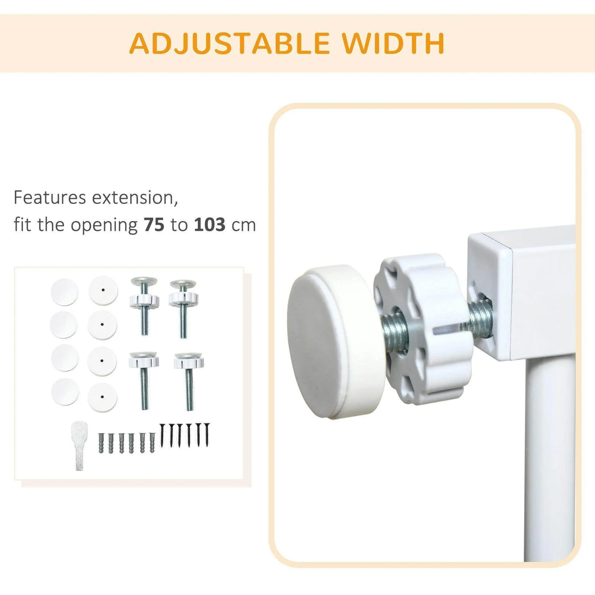 Adjustable-width dog gate with extension fittings and mounting hardware
