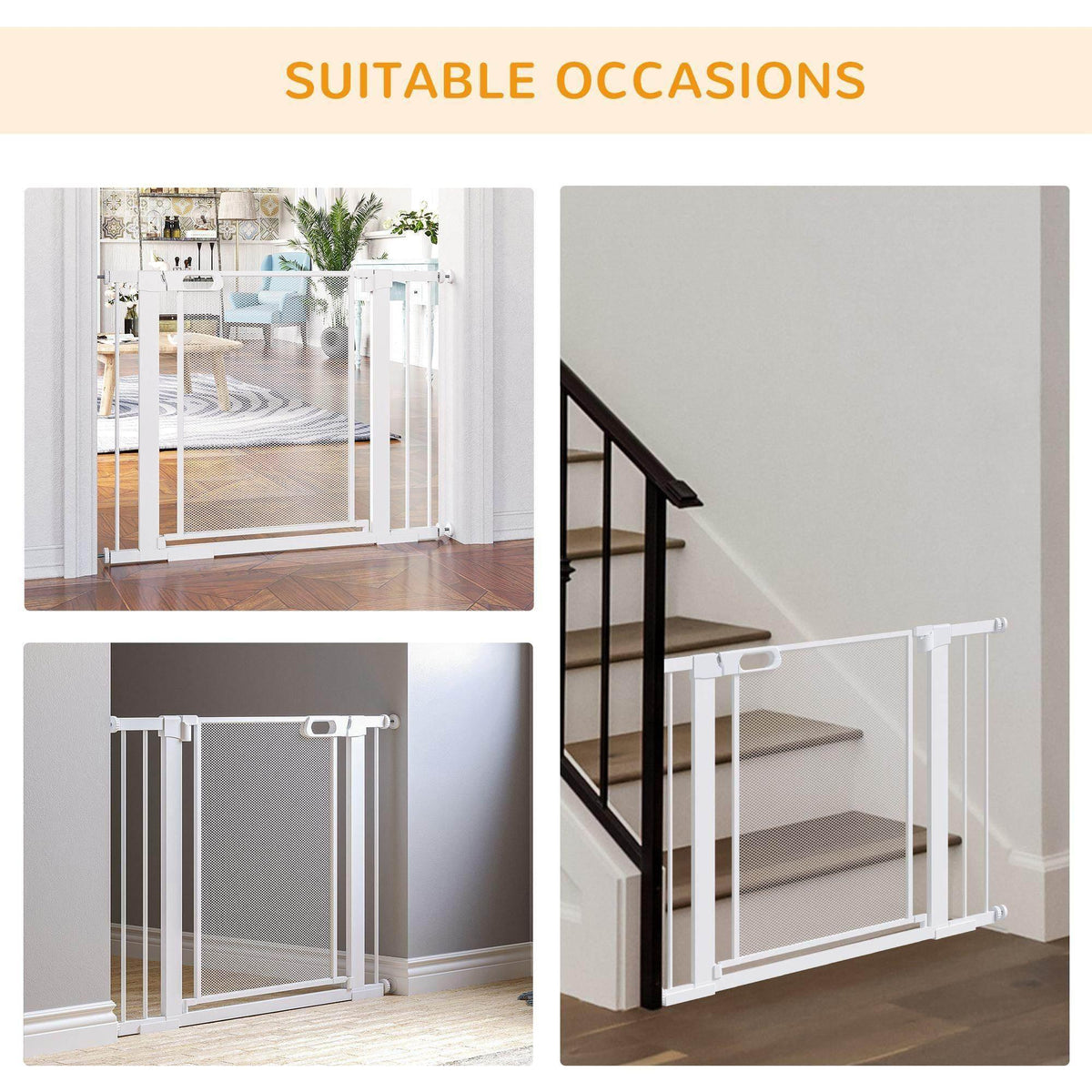 White dog gate for doorways and stairways with secure panel framing