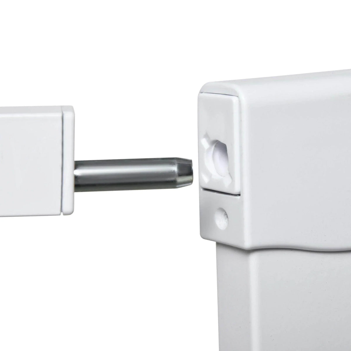 Close-up of white dog gate latch with metal pin connector