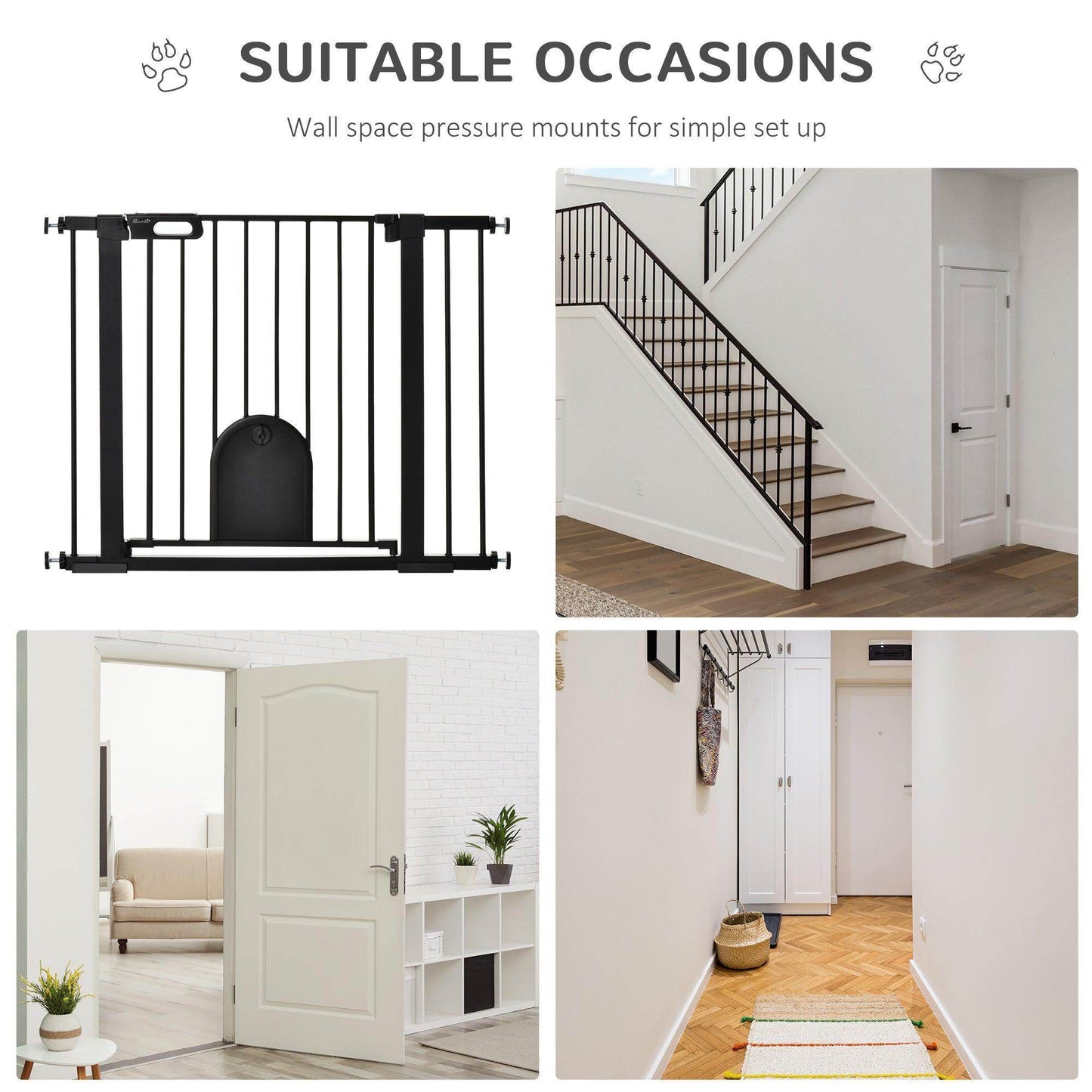 PawHut Extra Wide Pet Safety Gate with Door - Black - ALL4U RETAILER LTD