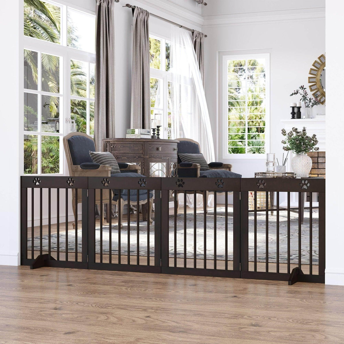 Dark brown wooden foldable pet gate with vertical bars and paw-shaped cutouts
