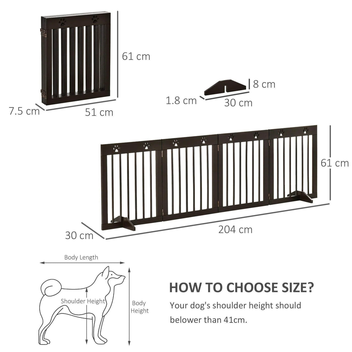 Foldable pet gate with dimensions shown; dark brown frame and vertical bars