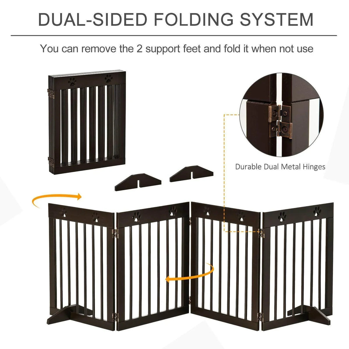 Foldable pet gate shown folded with dual metal hinges and paw-pattern accents