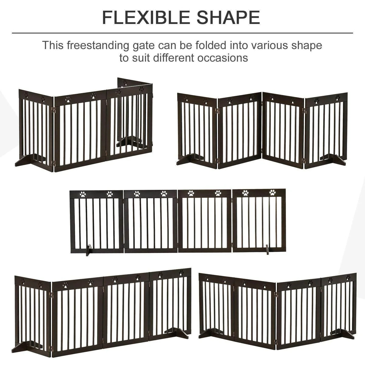 Wooden pet gate with flexible fold shapes, vertical bars, and paw emblem details