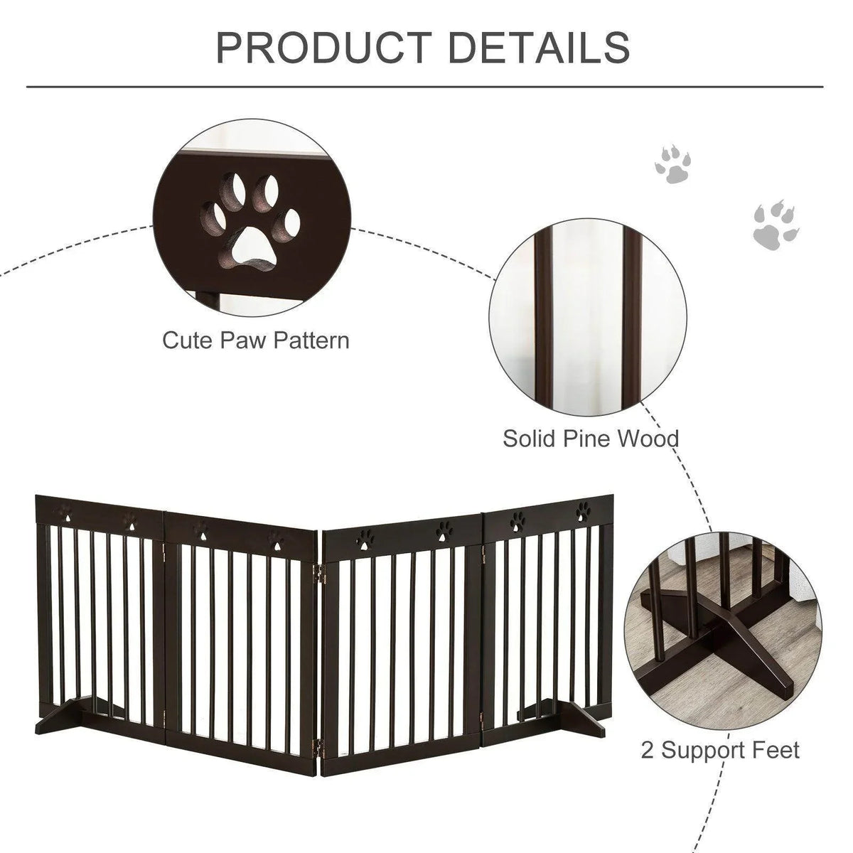 Foldable pet gate close-up with paw pattern top rail and vertical bar panels