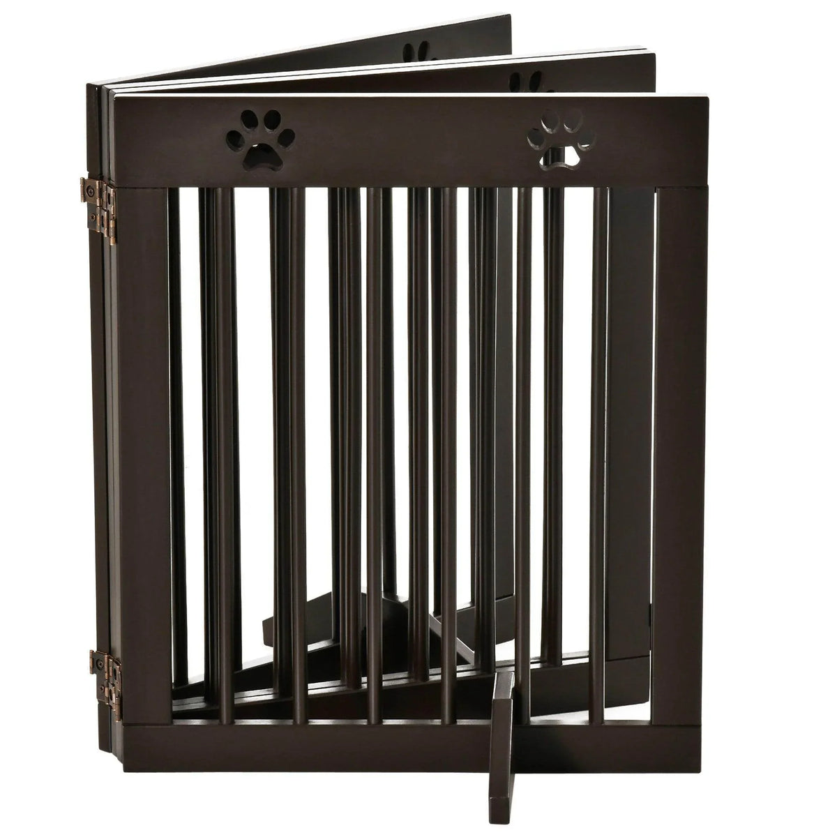 Front view of dark brown folding pet gate with paw cutouts on top rail