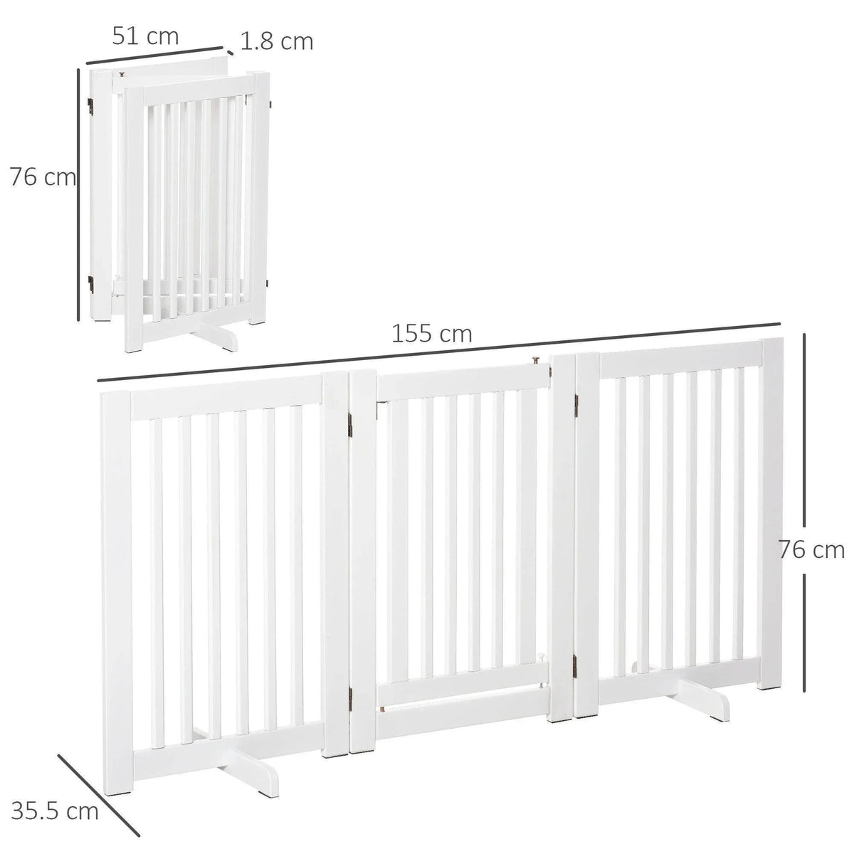White folding pet barrier fence with vertical slats and foldable base feet