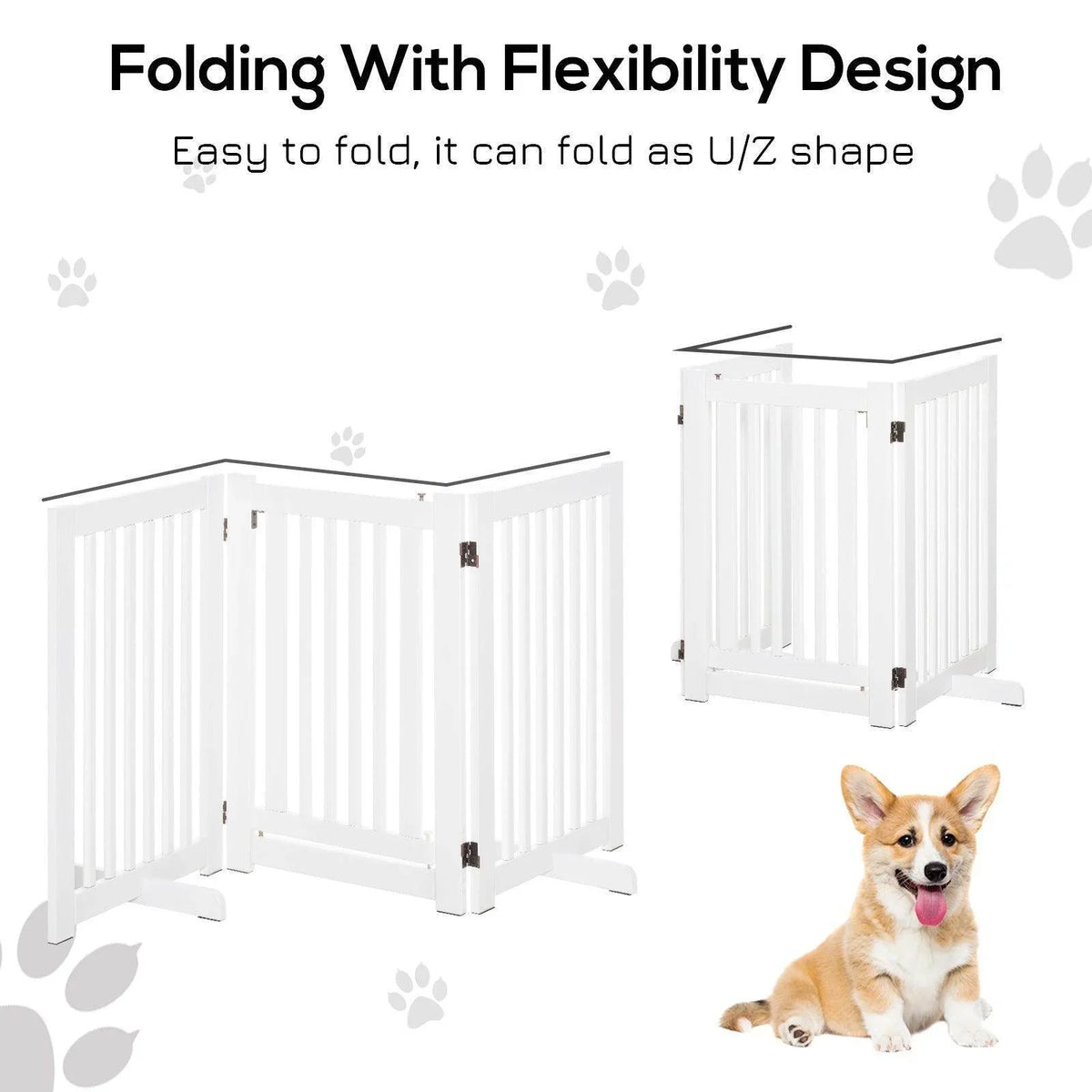 White folding pet barrier fence forming a compact U/Z shape with support feet