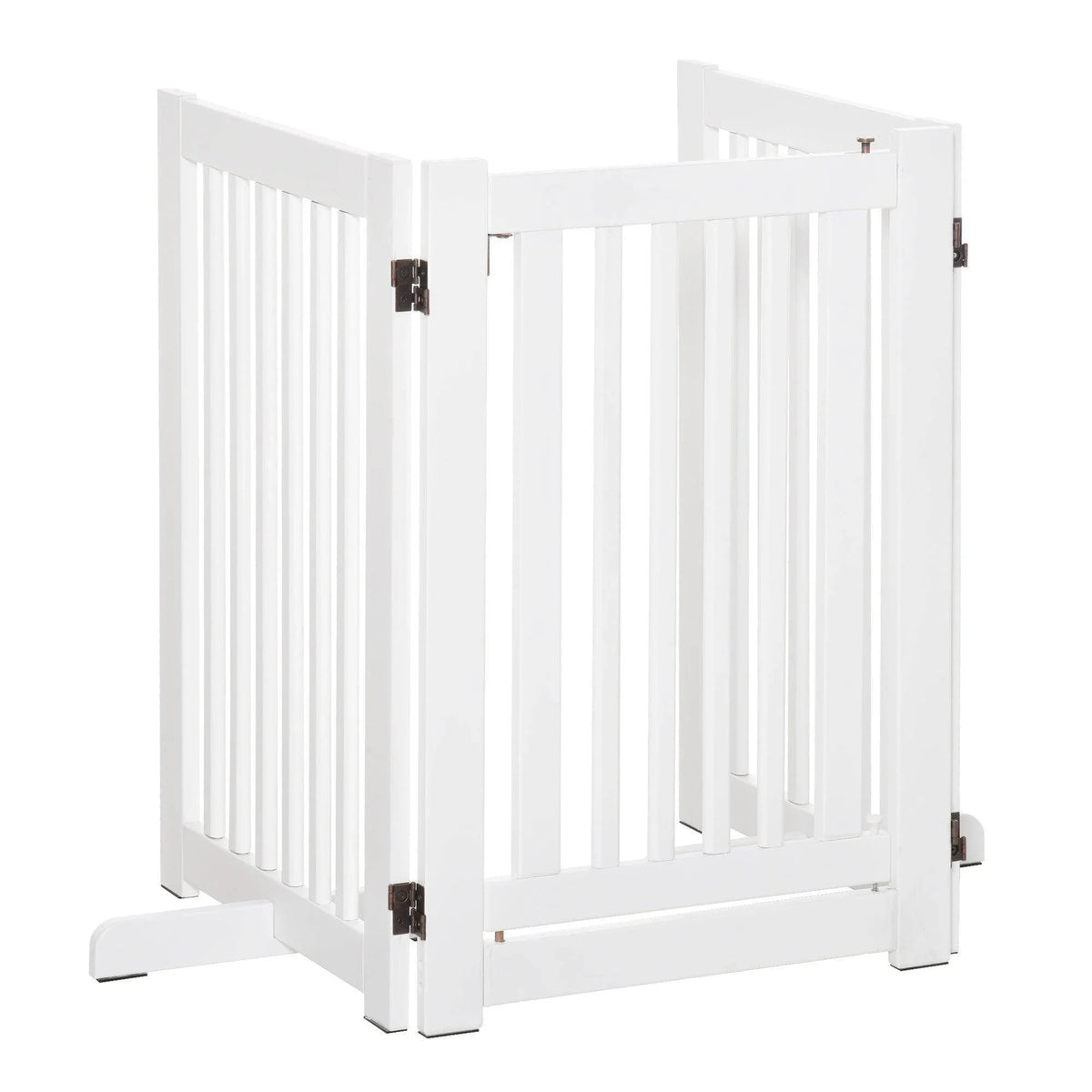 White freestanding pet barrier fence with two panel sections and base support feet