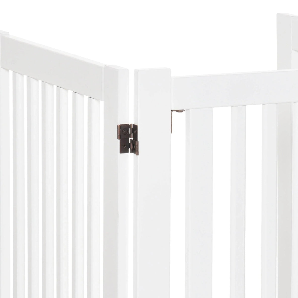 White fence panel hinge detail with black hardware and vertical slats