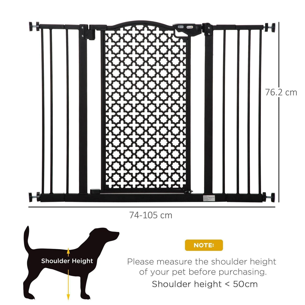 Black pet gate frame with white interlocking pattern panel and vertical bars, wall-mounted