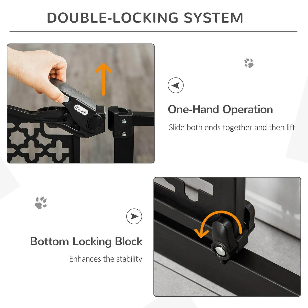 Pet gate latch with one-hand slider mechanism and bottom locking block for stability
