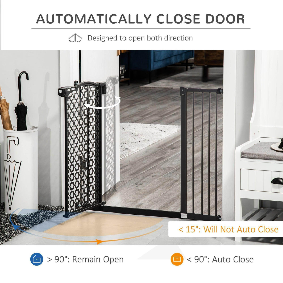 Pet gate with automatic close hinge and swing-through door barrier, black frame