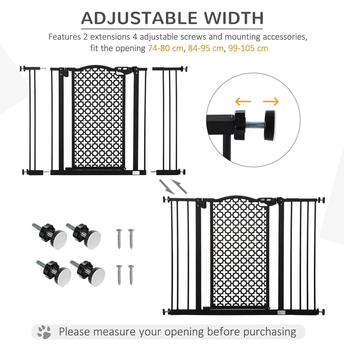Adjustable pet gate with expansion pieces and mounting screws, black frame with patterned panel