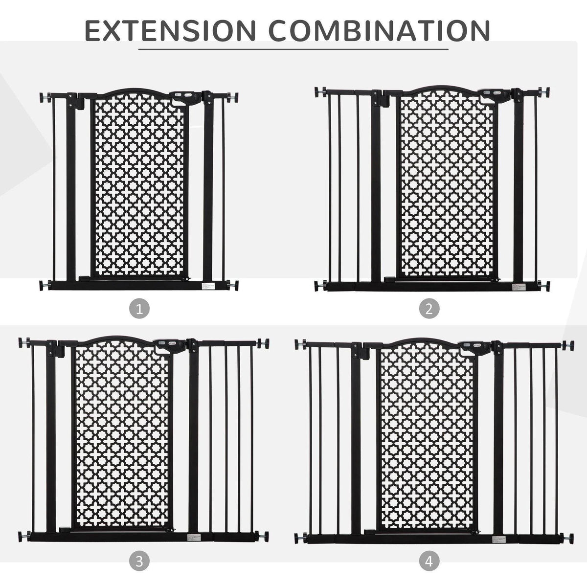 Pet gate extension combinations showing multiple width setups, black frame and patterned panel
