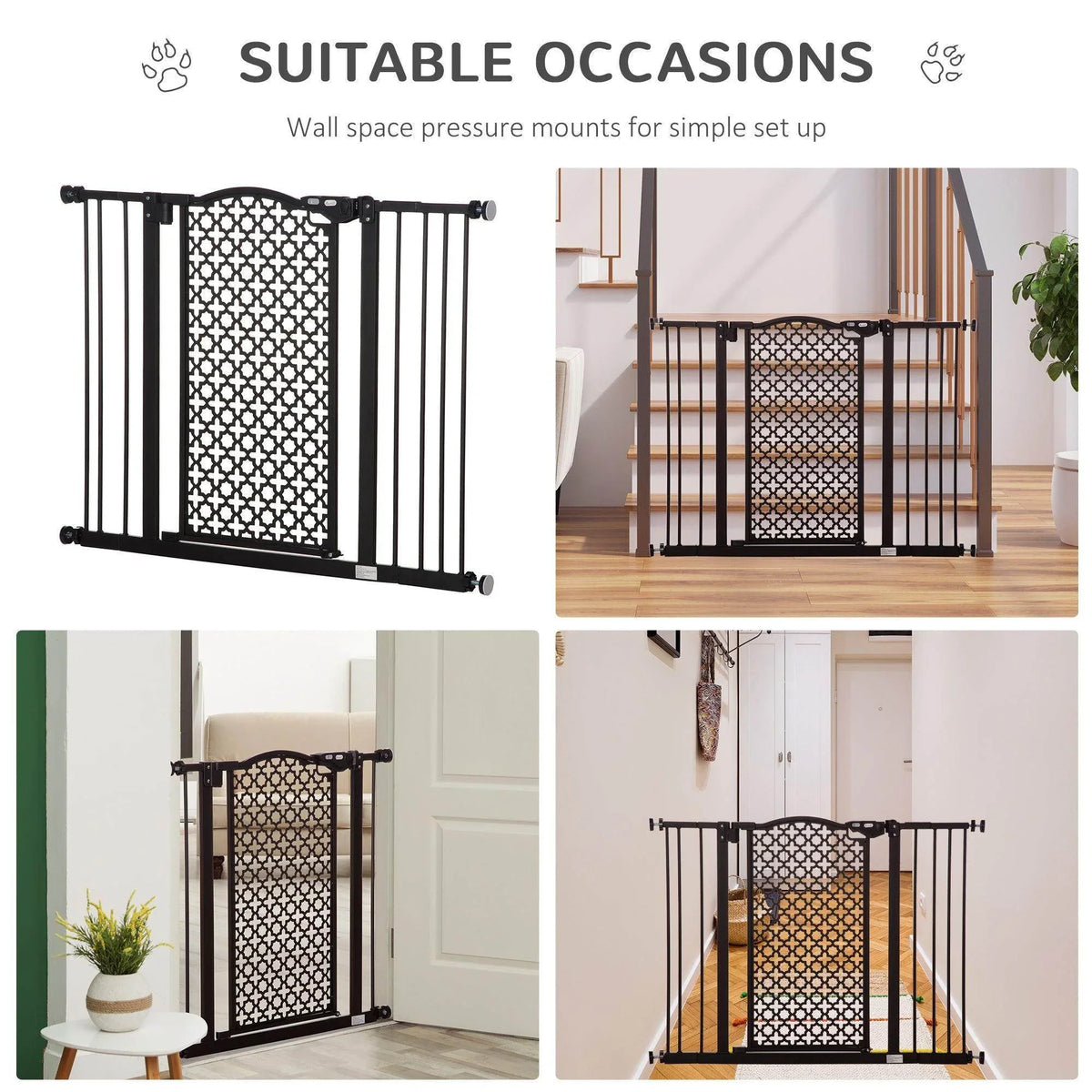 Pet gate in doorway, black frame with white patterned mesh and vertical bars