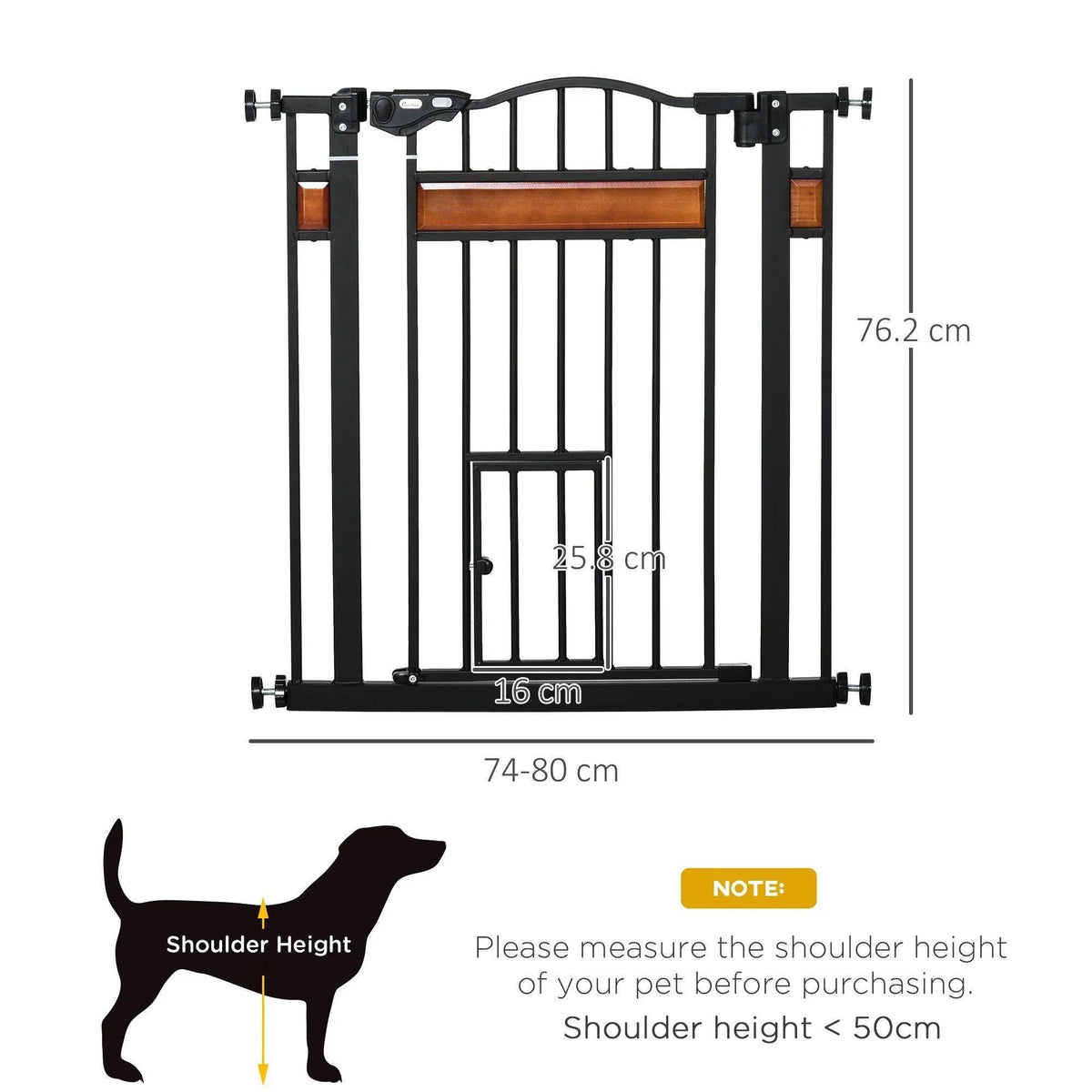 Black pet gate with arched top, vertical bars, wooden center panel, cat access opening