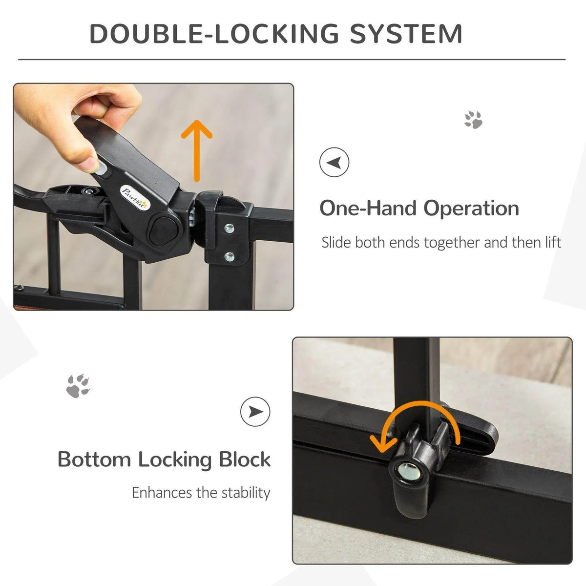 Pet gate latching system with one-hand sliding handle and bottom locking block