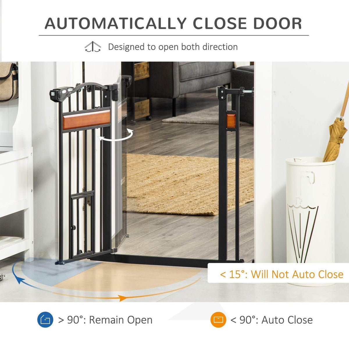 Self-closing pet gate door with curved motion and locking latch on side posts