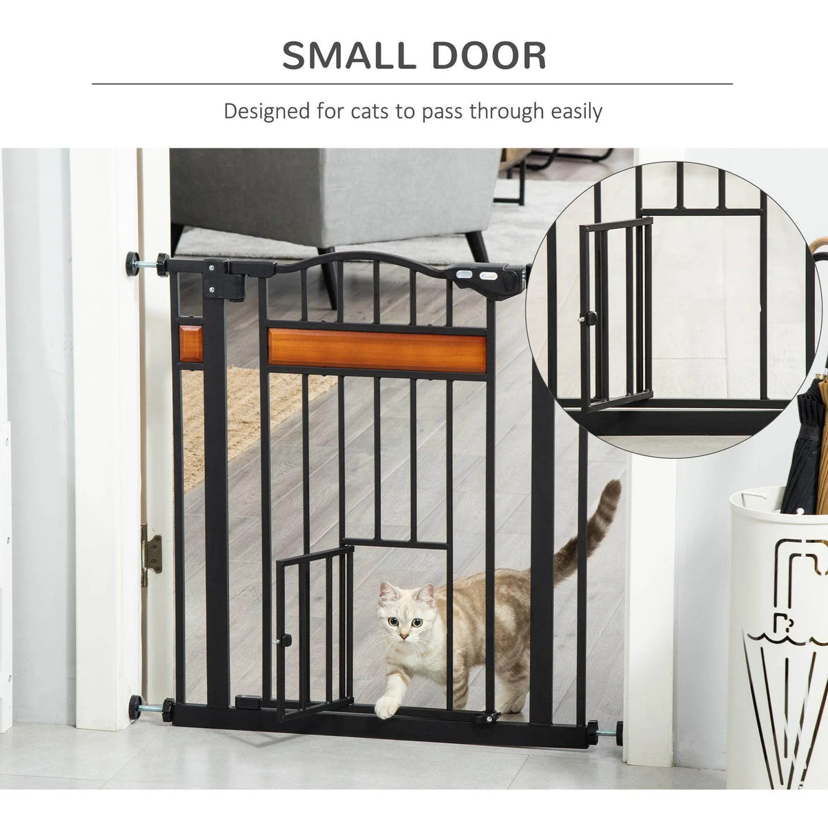 Black pet gate with small cat door opening and wooden center panel