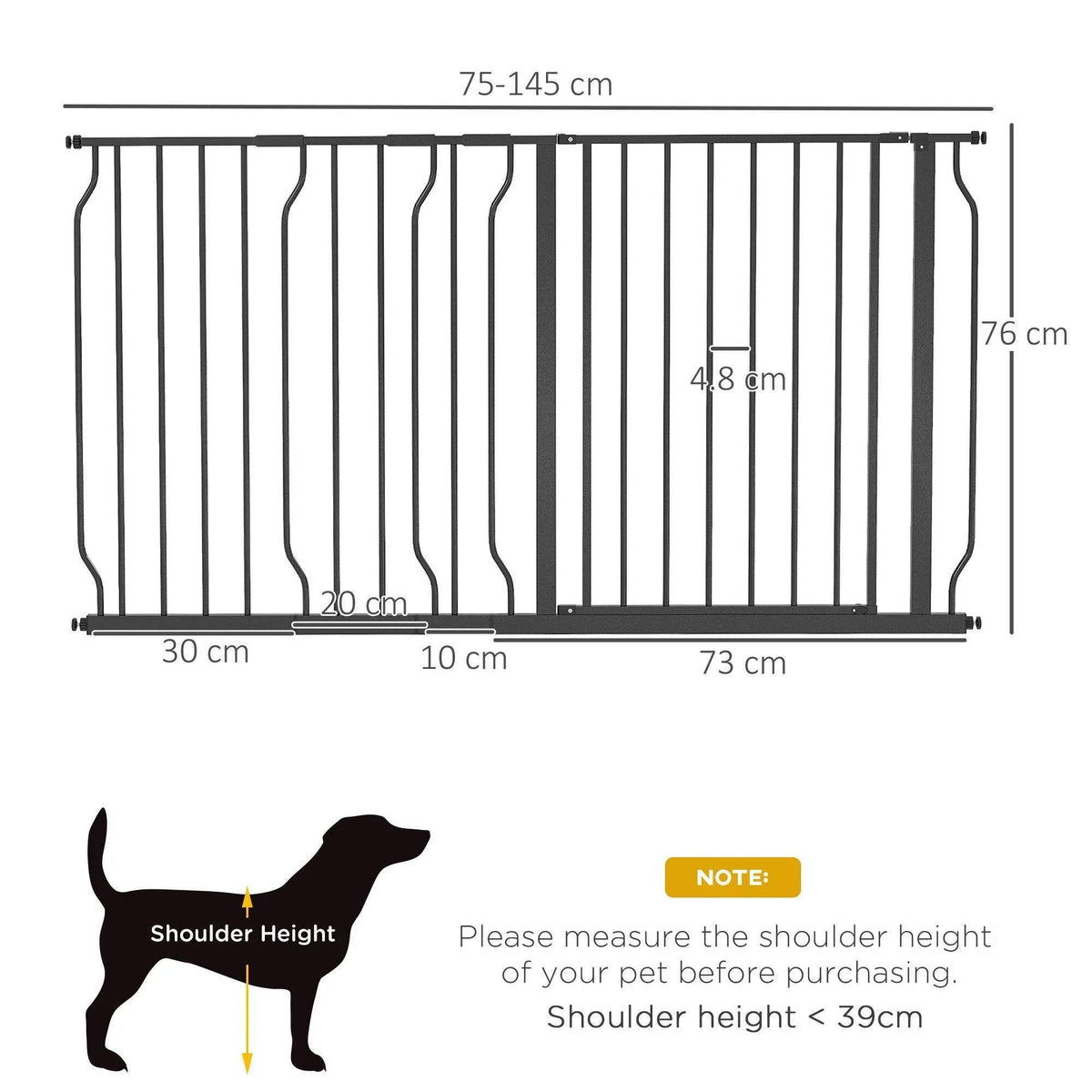 Black adjustable dog safety gate panel with vertical bars and bottom support rail