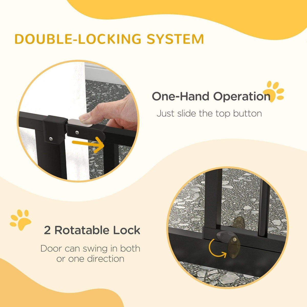 Black dog safety gate with one-hand top button and double-lock system