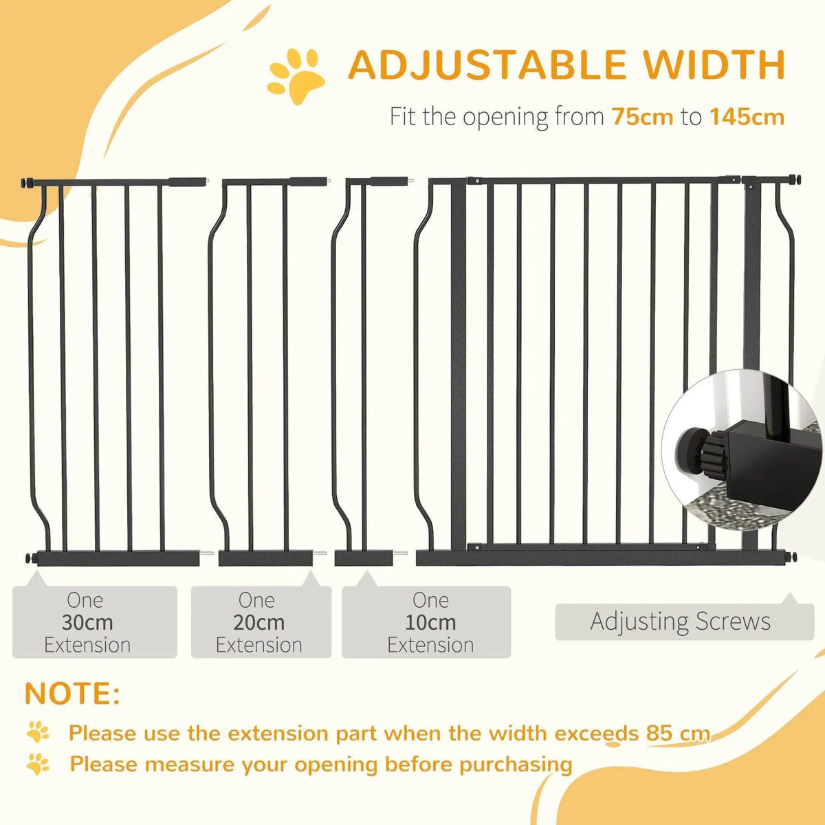 Adjustable-width black dog safety gate with end extensions and adjusting screws