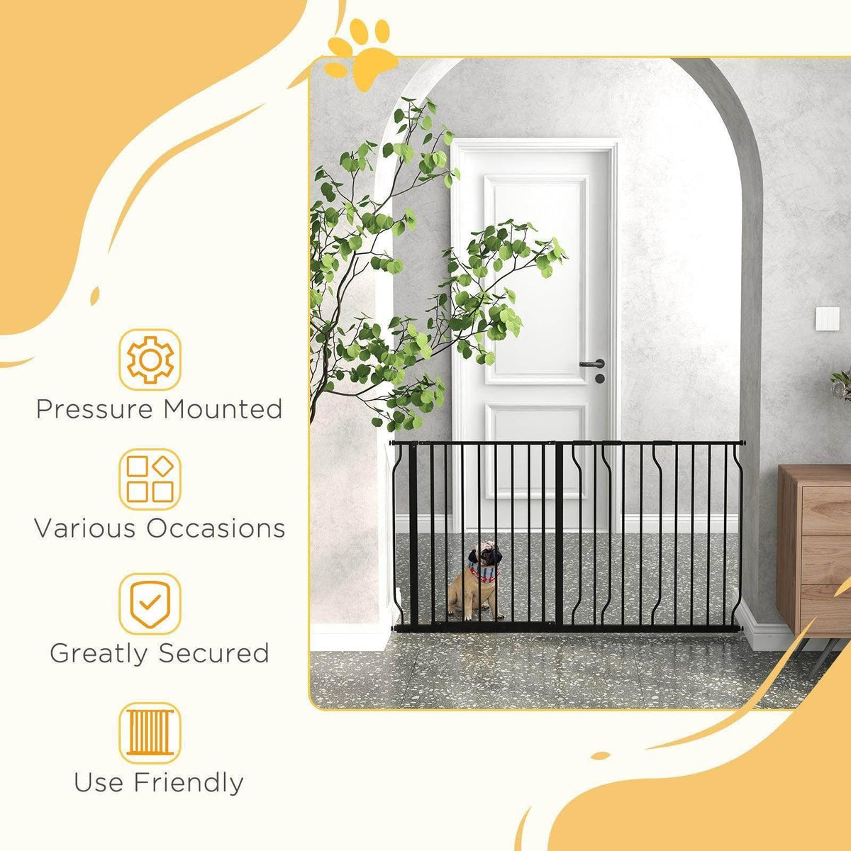 Black pressure-mounted dog safety gate installed in a doorway opening