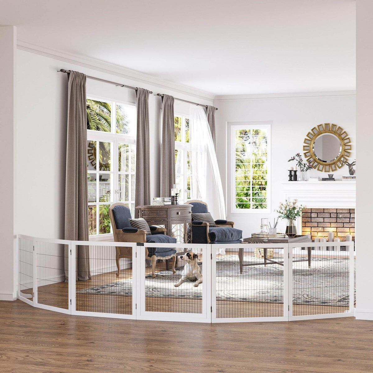 White wooden pet gate with black metal wire panels and hinged door