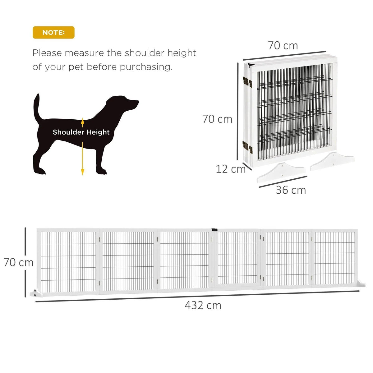 Pet gate size diagram: 70 cm height, 36 cm depth, 432 cm length