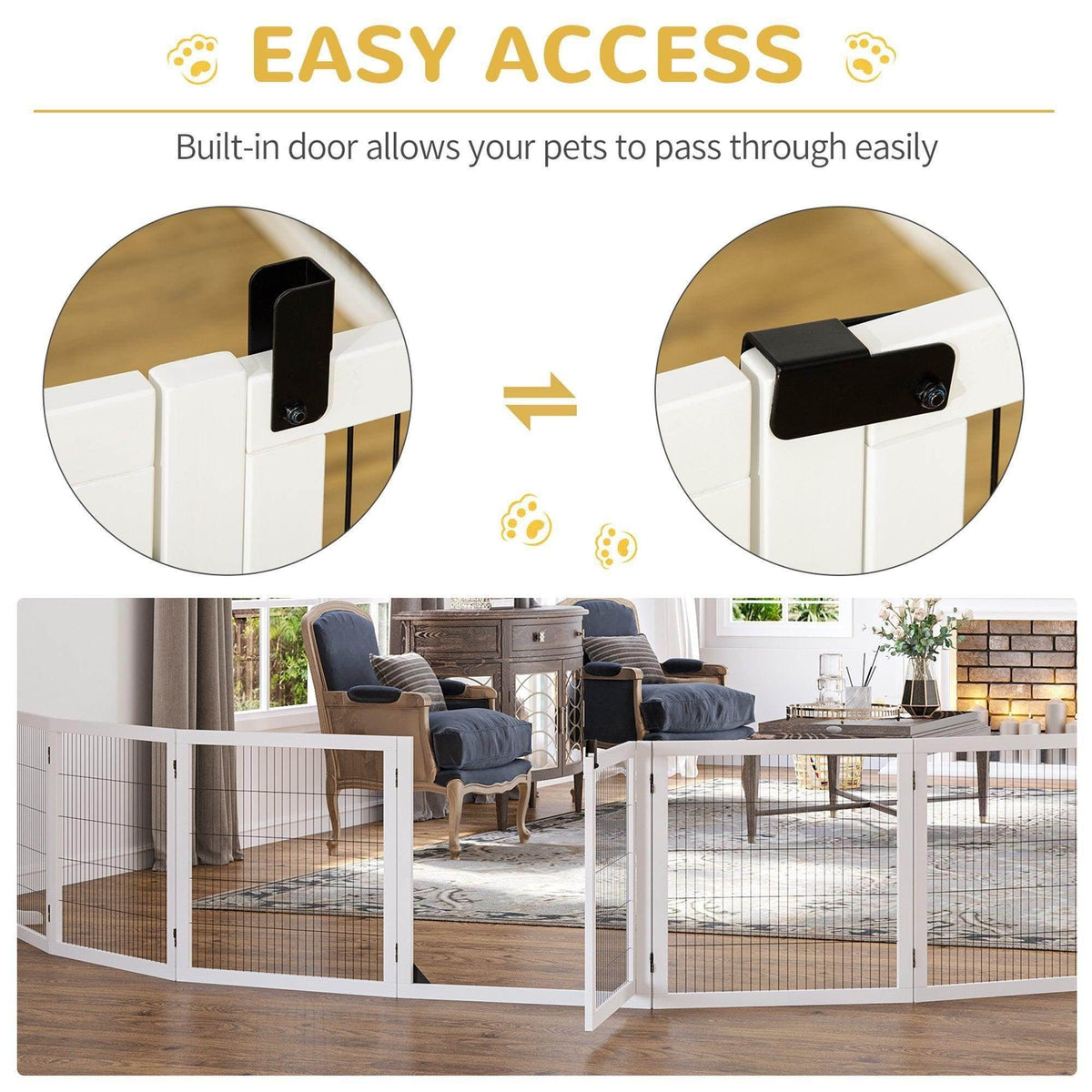White pet gate with swing door and latch detail