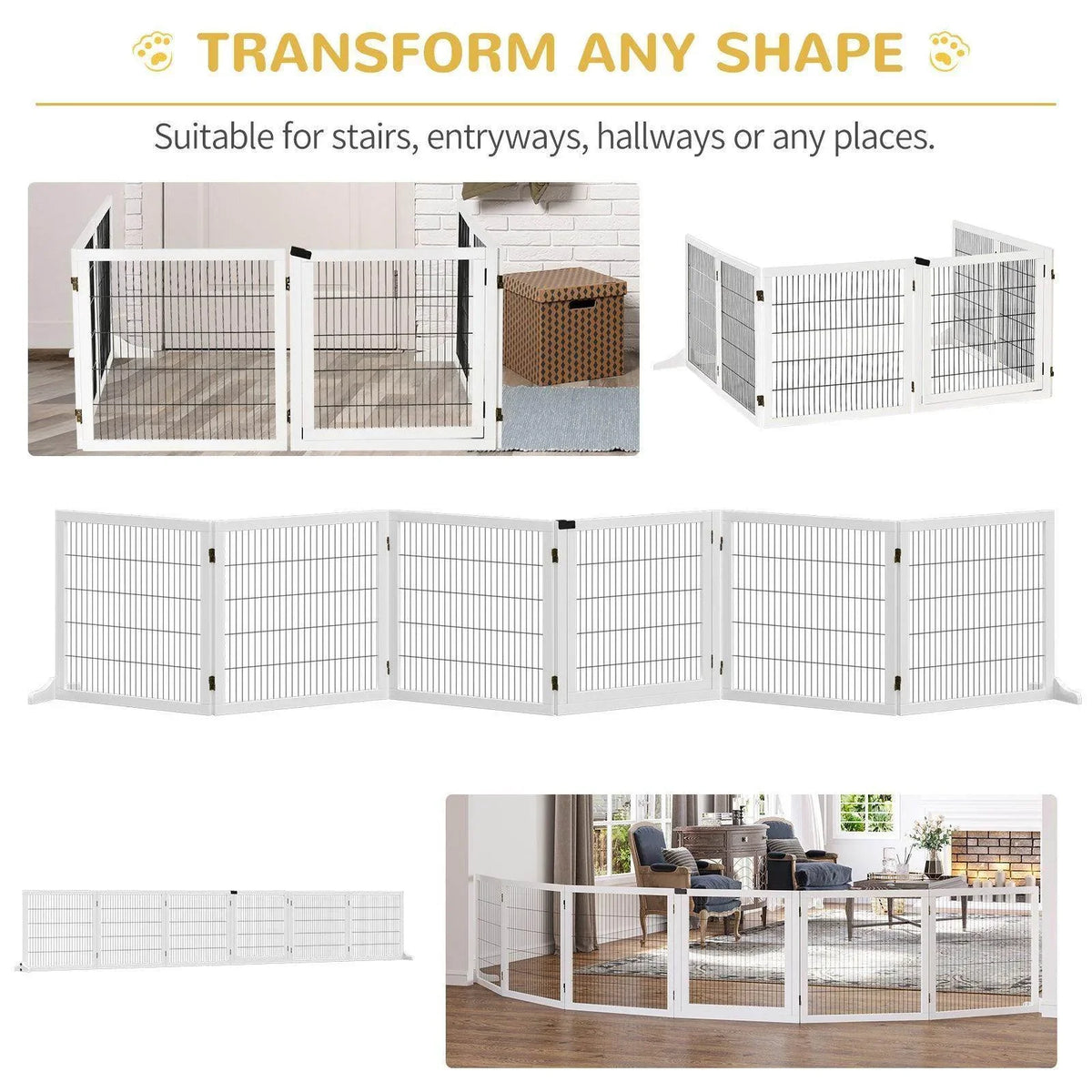 Folding white pet gate with multiple panels for stairs and hallways