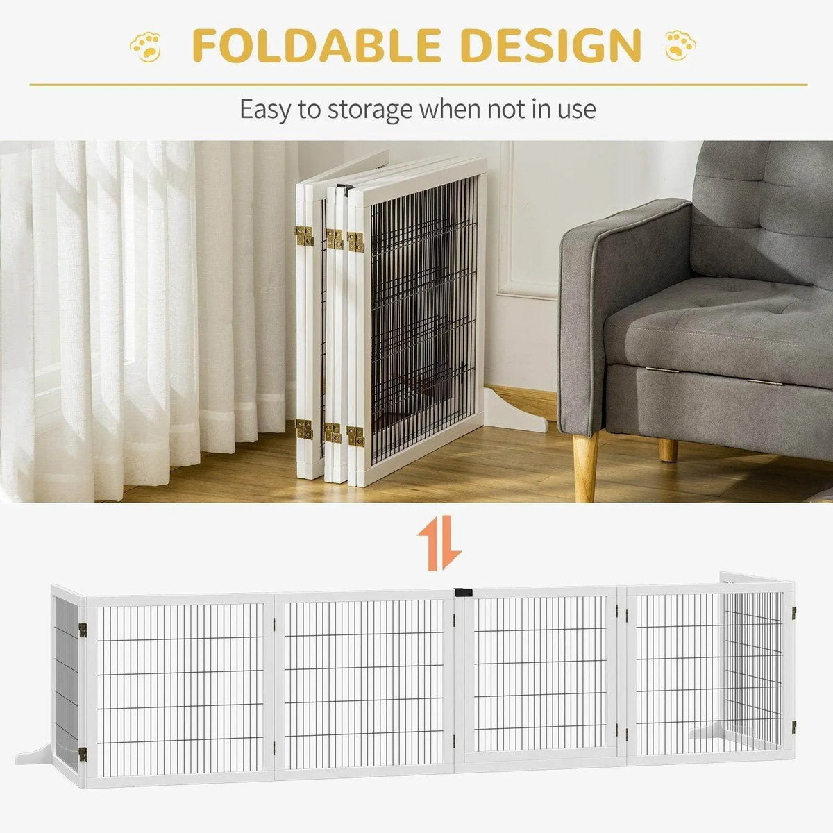 White folding pet gate with black wire barrier and support feet
