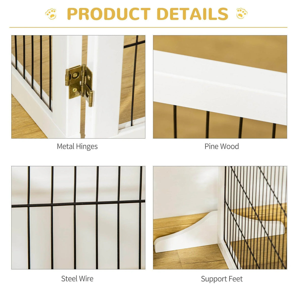 Pet gate details: metal hinges, pine wood frame, steel wire grid