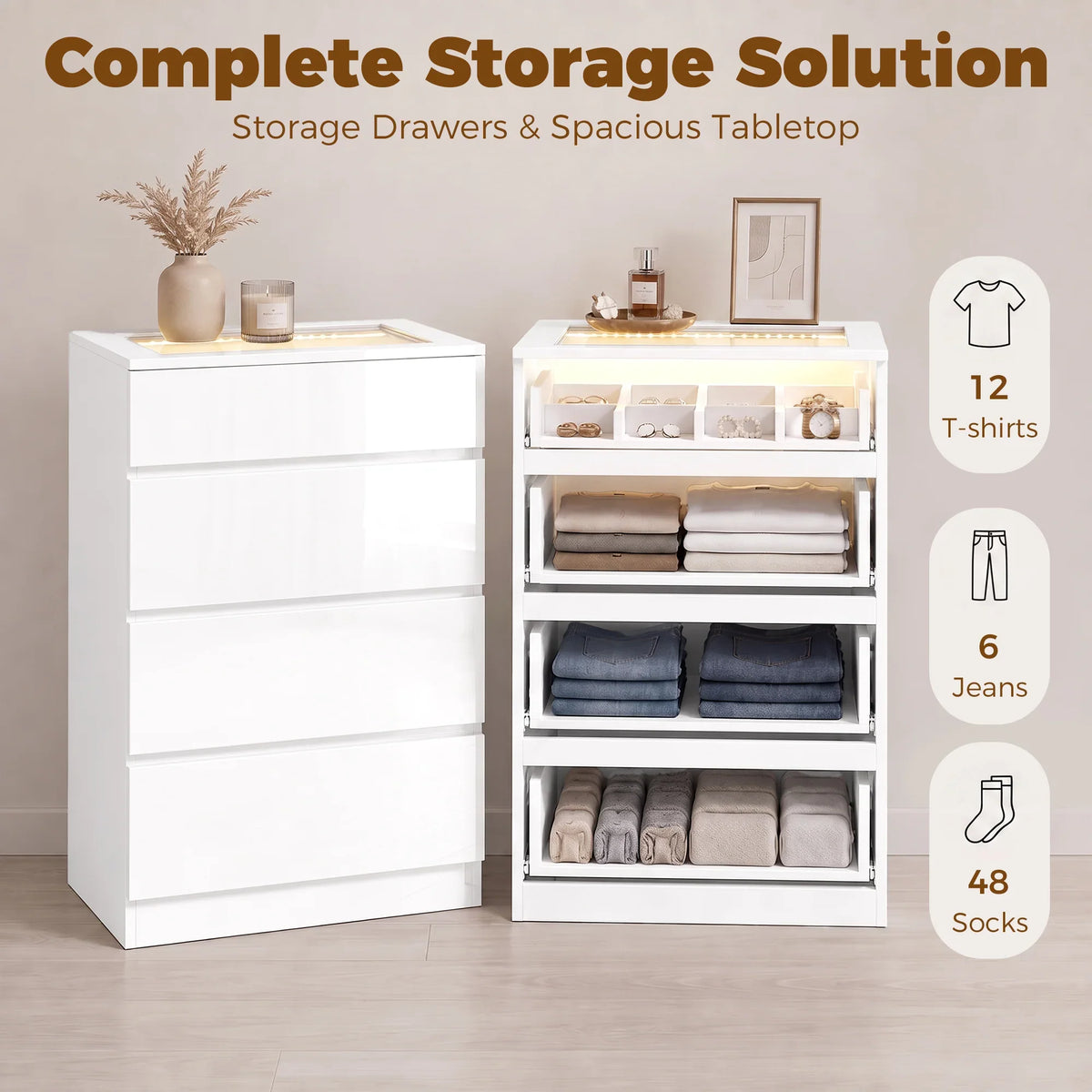 White storage dresser with open drawers and spacious tabletop for folded clothes