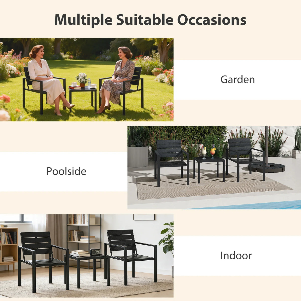 Black bistro set with slatted chairs and small table shown for multiple indoor and outdoor uses