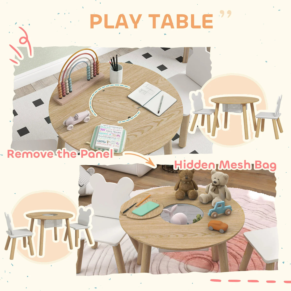 Kids play table set with hidden mesh bag and bear-back chairs, light wood frame